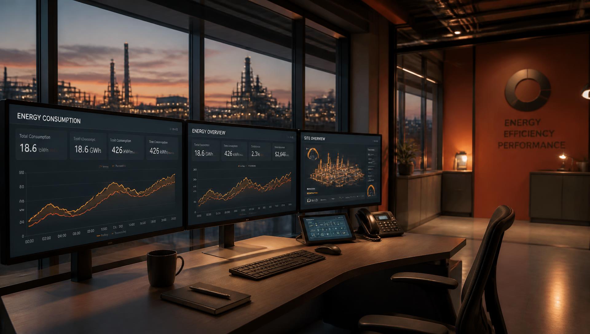 Sala de control con paneles de datos de consumo energético industrial